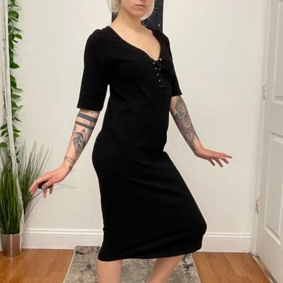 Monrow Mommy Jersey Lace-Up Midi Dress Short Sleeve Size L Black - Picture 13 of 16